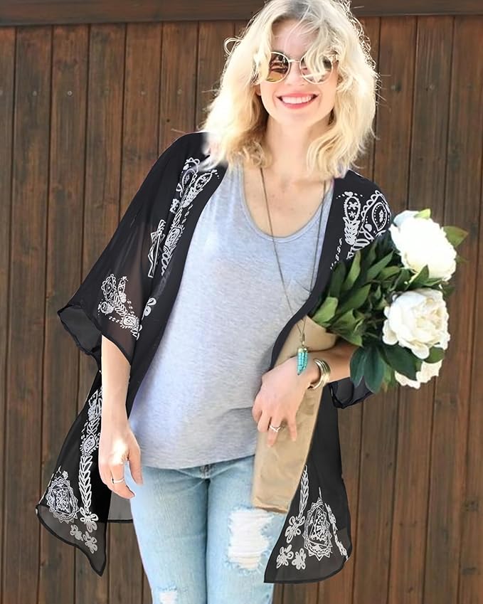 Women's Floral Print Puff Sleeve Kimono Cardigan Loose Cover Up Casual Blouse - Image 2