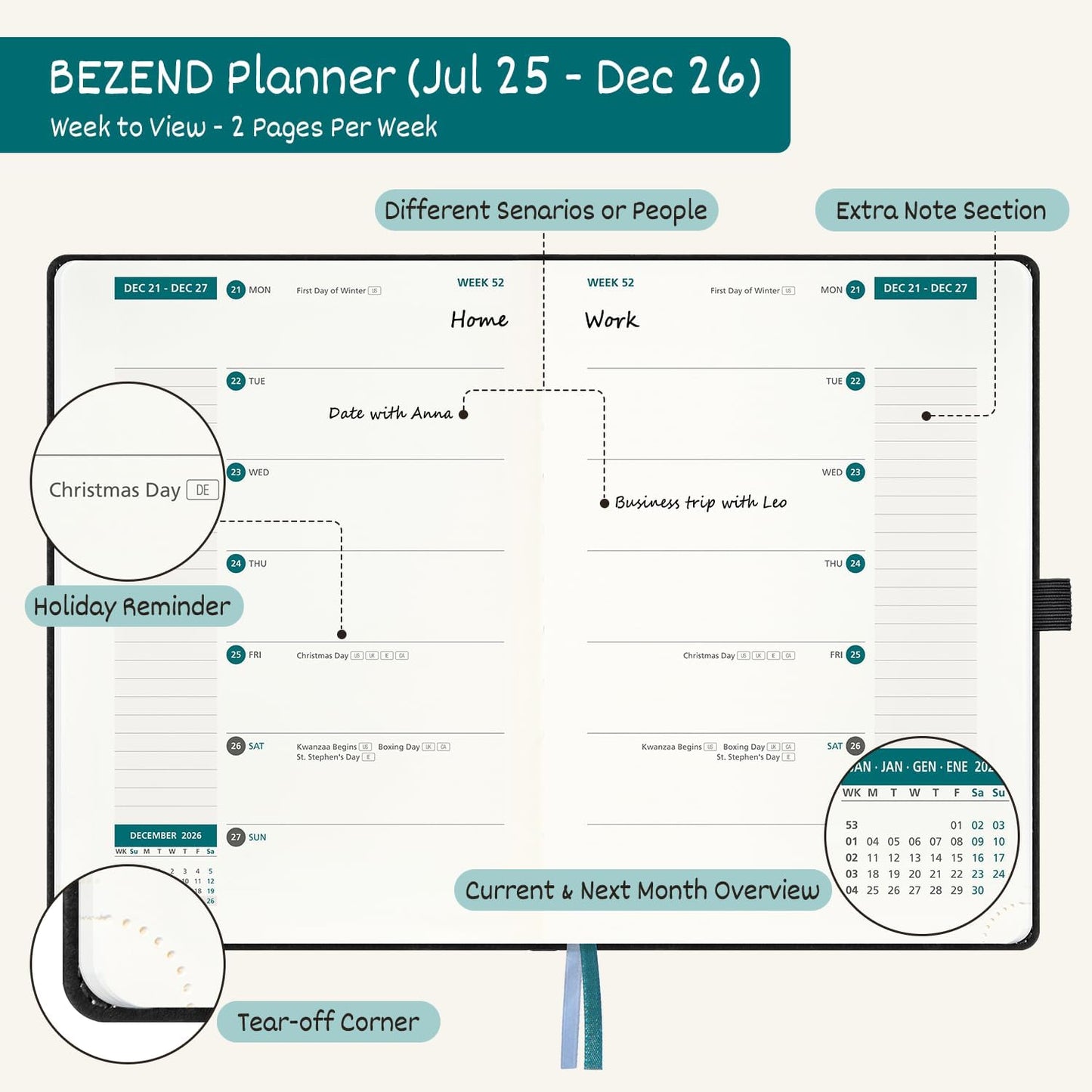 BEZEND Weekly Planner 2025-2026 with 2 Columns, 8.5" x 11" Academic Calendar 18 Months (Jul 25-Dec 26) Life Work Appointment Book with Monthly Tab, PU Leather Hardcover - Black