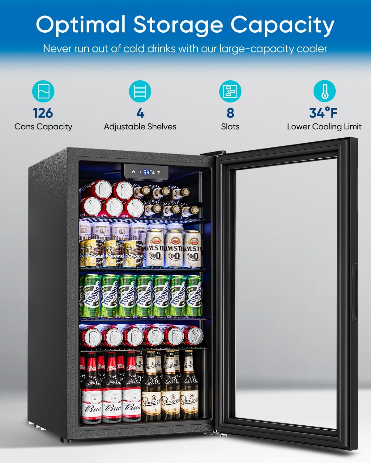 Beverage Refrigerator and Cooler - 126 Can Mini Fridge Glass Door for Soda Beer Wine - Freestanding Beverage Fridge for Bedroom Office Bar, 4 Adjustable Shelves, 3.2 Cu.Ft, Black