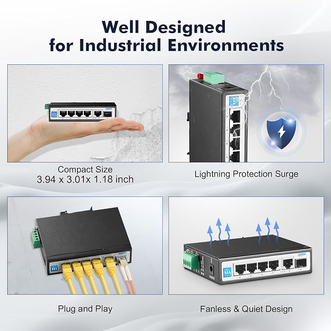 6 Port Mini Gigabit Industrial DIN-Rail PoE Switch, 4 x 100/1000Mbps POE Ports - Image 6