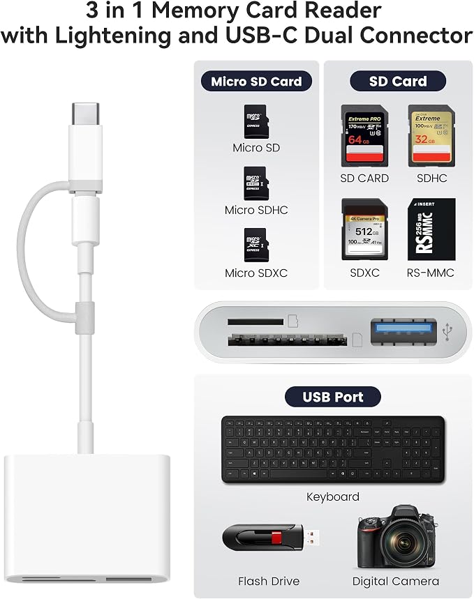 AkHolz SD Card Reader for iPhone iPad Built-in Lightening & USB-C Dual - Image 2
