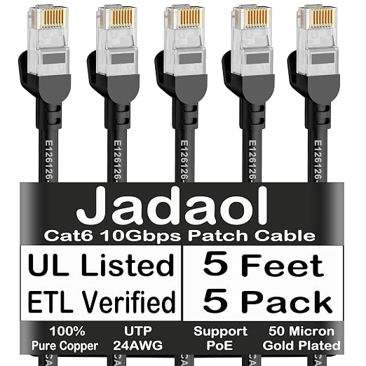 Jadaol Cat6 Ethernet Patch Cables 5ft 5-Pack, 10Gbps 24AWG Pure Copper RJ45 by Jadaol