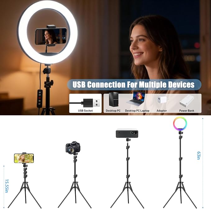 12'' Ring Light with Stand 75'' Tall & Phone Holder, 100+ Color Modes Selfie - Image 7
