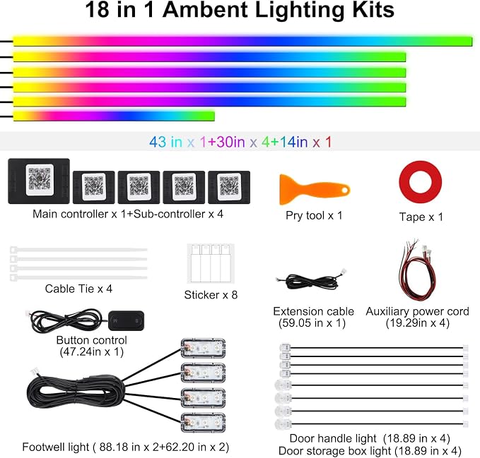 Dreamcolor Acrylic Interior Car LED Strip Lights, 18 in 1 Ambient Lighting Kit - Image 6