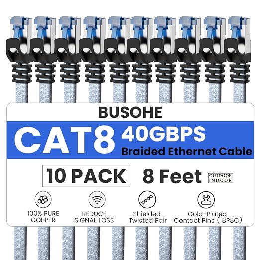 BUSOHE Cat 8 Ethernet Cable 8 FT 10 Pack, Nylon Braided High Speed Heavy Duty by BUSOHE