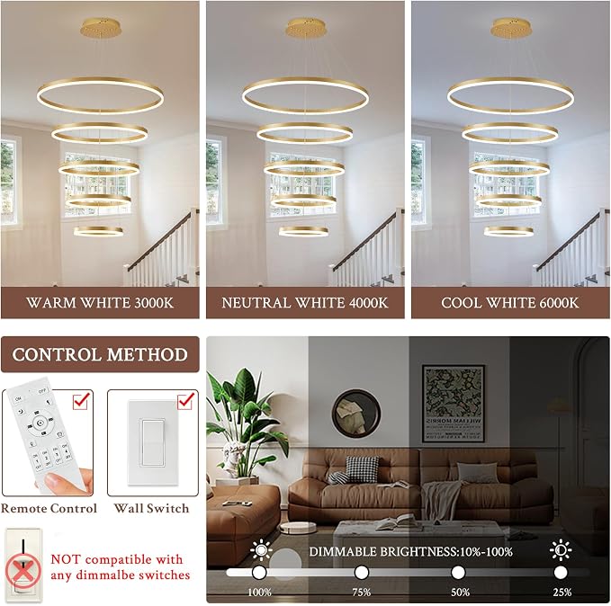5-Rings D31.5in Modern LED Chandelier Gold Dimmable High Ceiling Chandeliers - Image 2