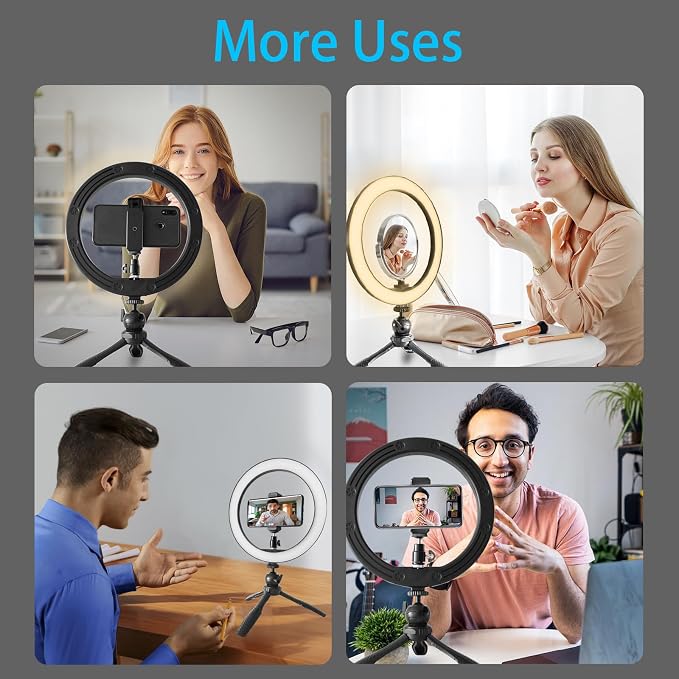 10" Desk Ring Light with Stable Tripod & Interchangeable Makeup Mirror/Phone - Image 11