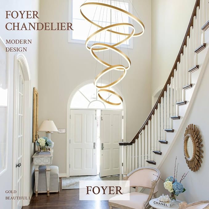 5-Rings D31.5in Modern LED Chandelier Gold Dimmable High Ceiling Chandeliers - Image 4