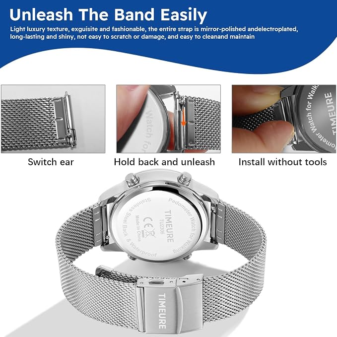 Men's Pedometer Watch with Stainless Steel Bracelet, Step Counter Watch No App - Image 6