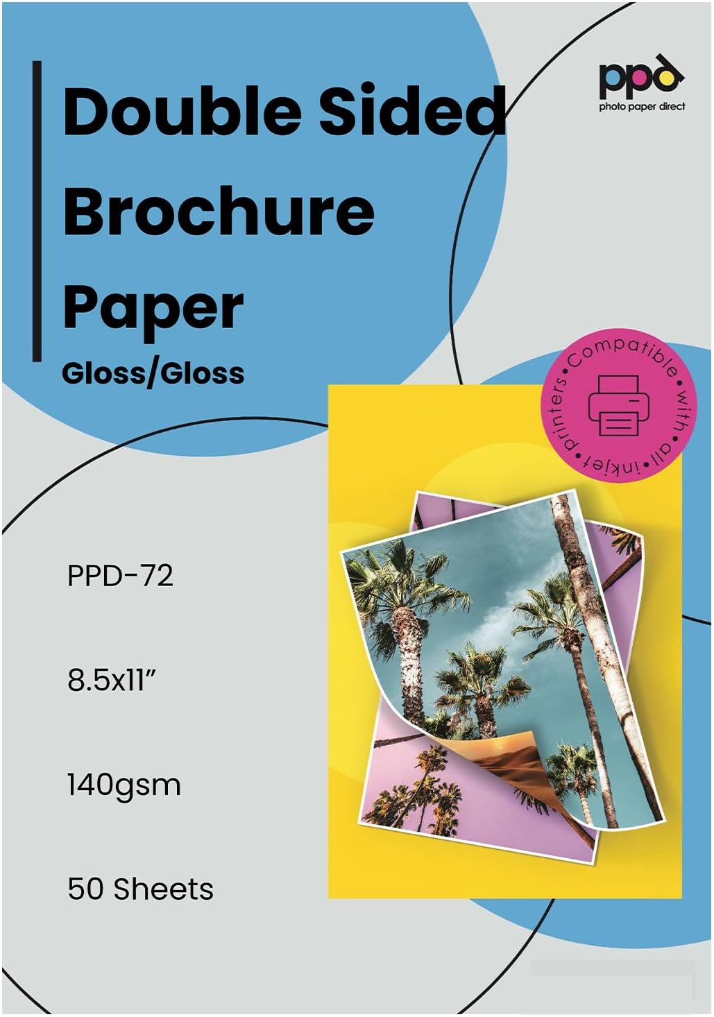 PPD Double Sided Photo Paper, Glossy Brochure Paper 8.5 x 11 for Inkjet Printer, 140 gsm, 6.2 mil Thick for Magazine, Flyer, Presentation, Program, Instant Dry & Water Resistant (50 Sheets)