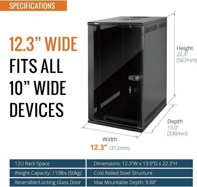 Tecmojo 12U 10 inch Rack, Wall Mount Network Cabinet Set, 12.3W x 13D x 22.3H- - Image 2