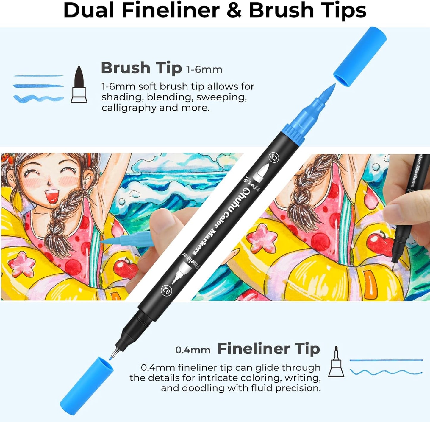 Ohuhu Markers for Adult Coloring Books No Bleeding 160 Colors Water-based Dual Tips Fineliner & Brush Coloring Markers for Kids Adults Beginners Drawing Pens for Journaling Lettering - Maui - Black