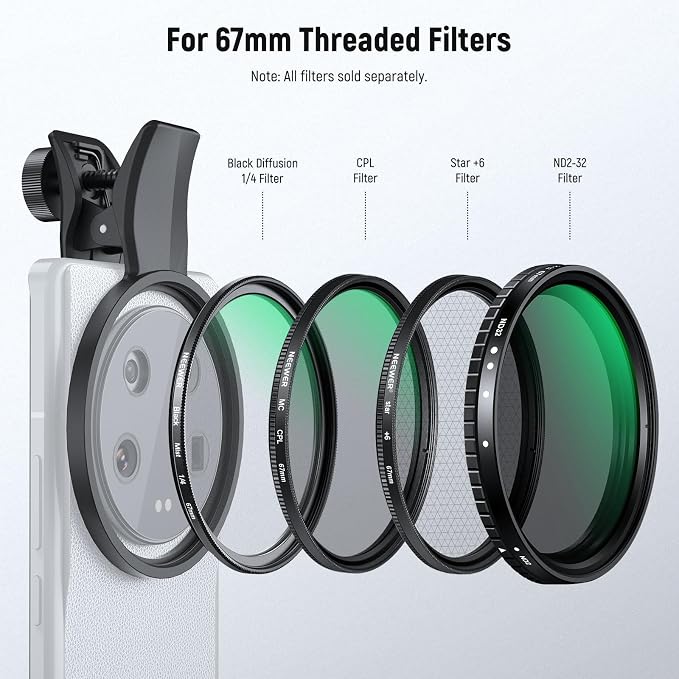 NEEWER 67mm Phone Camera Lens Filter Clamp, Adjustable Threaded Filter Clip - Image 4