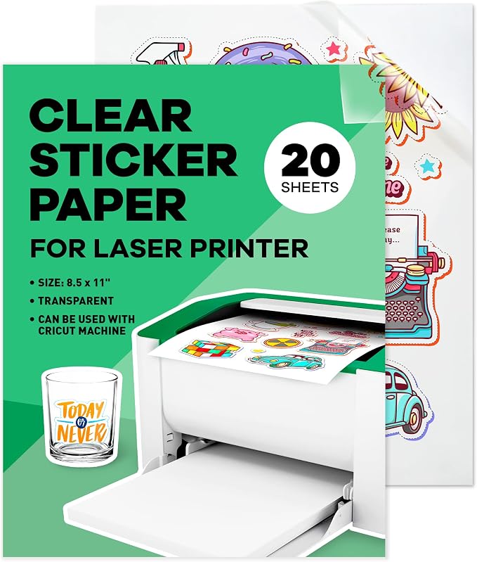 Clear Sticker Paper for Laser Printer -, 8.5 x 11" Letter Size, Glossy Vinyl by PaperPlan