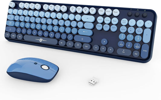 FOPETT Wireless Keyboard and Mouse Combo, 104 Keys Full-Sized 2.4 GHz Round Keycap Colorful Keyboards, USB Receiver Plug and Play, for Windows, Mac, PC, Laptop, Desktop (GradientBlue)
