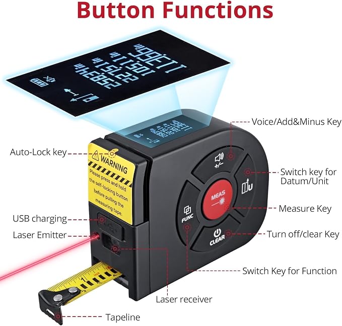 BINTA 2-in-1 Laser Tape Measure, 164Ft/50M Laser Measurement Tool & 16.5Ft/5M - Image 2