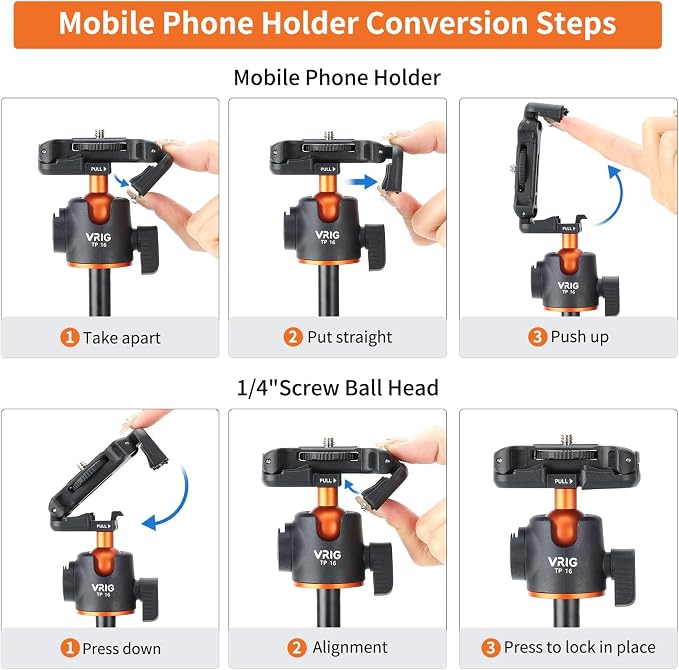 VRIG TP16 Camera Tripod, 5 Levels Adjustment 360° Ball Head Loads Up - Image 7
