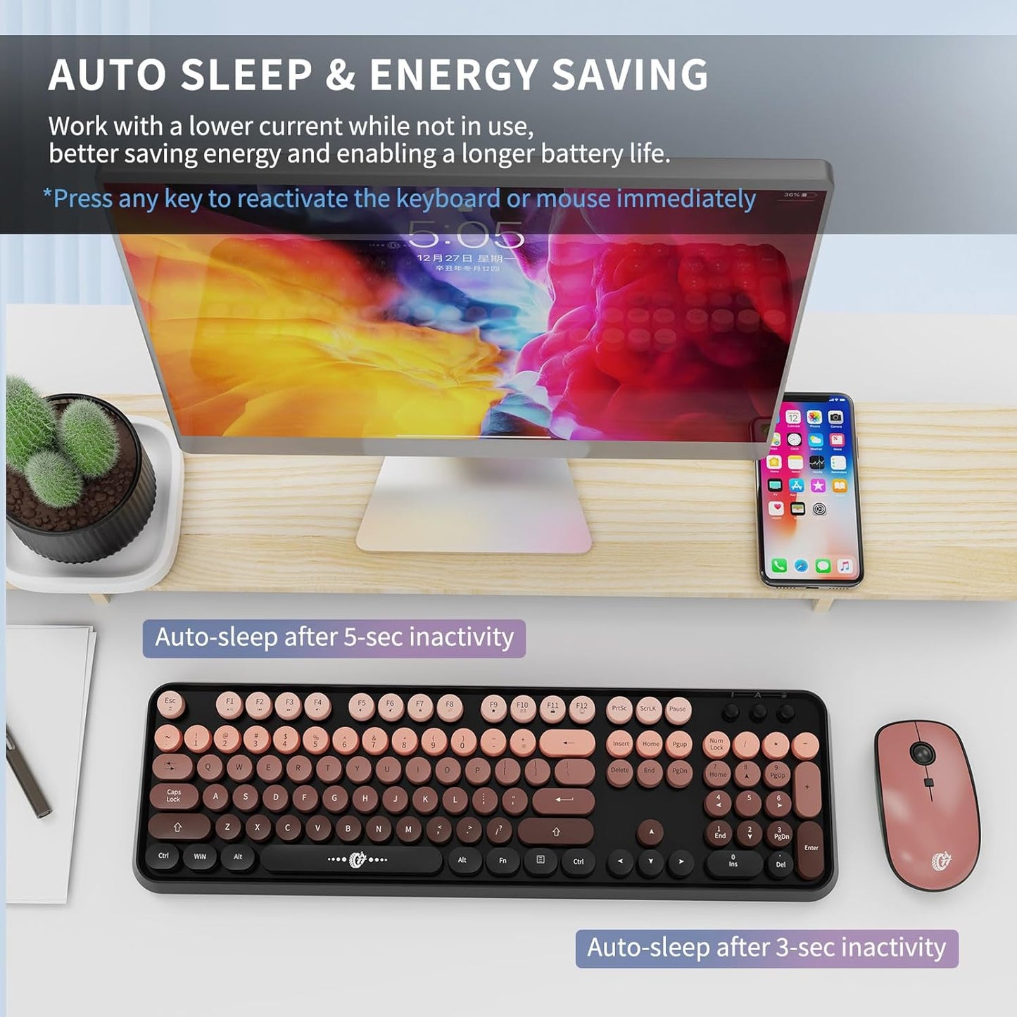 FOPETT Wireless Keyboard and Mouse Combo, 104 Keys Full-Sized 2.4 GHz Round Keycap Colorful Keyboards, USB Receiver Plug and Play, for Windows, Mac, PC, Laptop, Desktop (GradientPink)