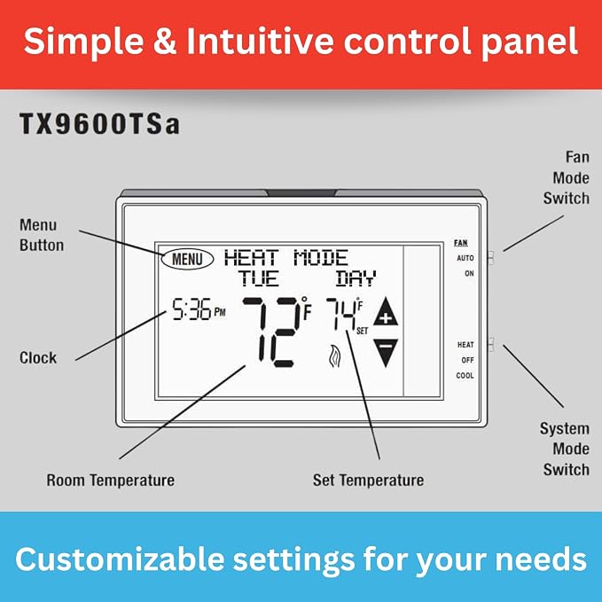 Lux Products TX9600TS Programmable Large Touchscreen Heating Cooling Thermostat - Image 7
