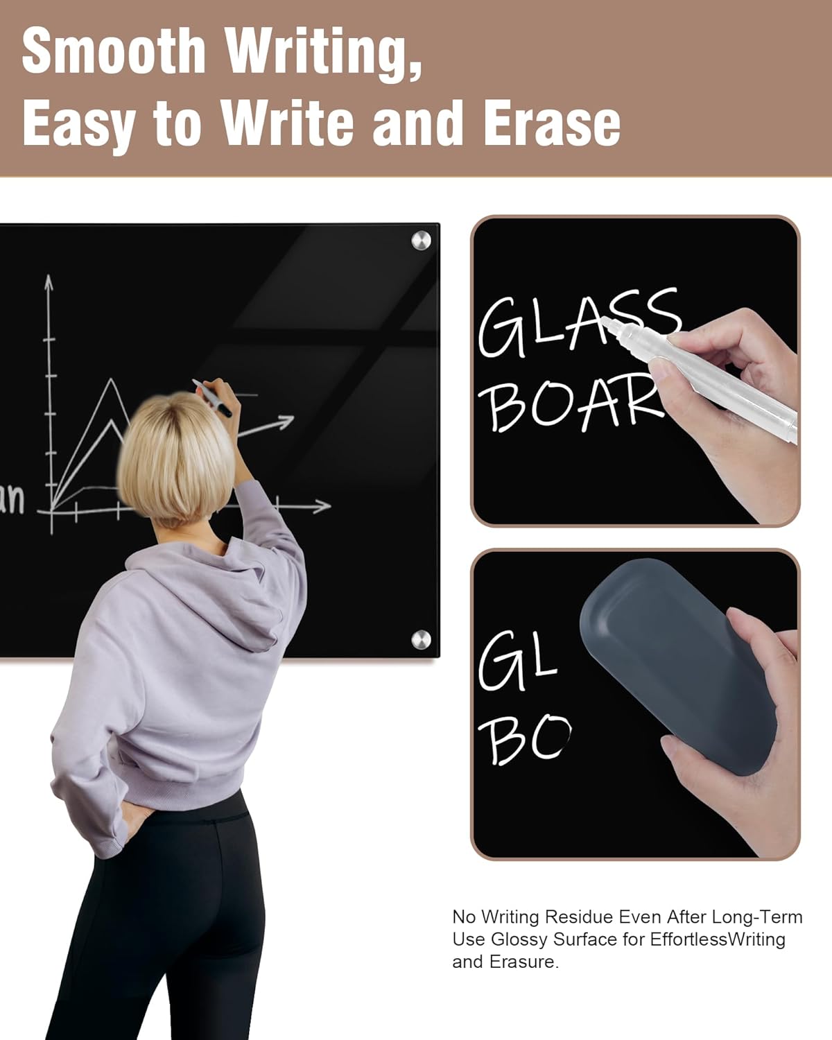 Magnetic Glass Whiteboard，24"x18" Wall Mounted Frameless Dry Erase Board for Office, Home & School Black