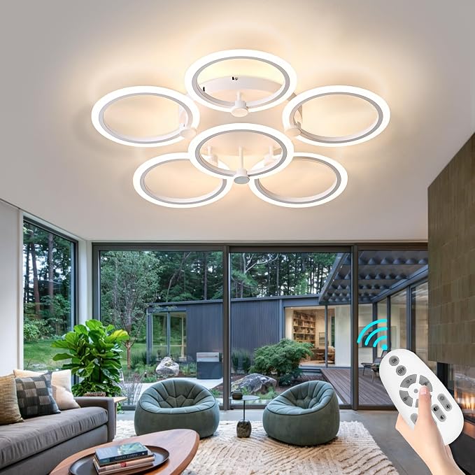 LED Ceiling Light, 6-Ring Modern Flush Mount Fixture, 77W Dimmable 3000K–6500K by SEABLE