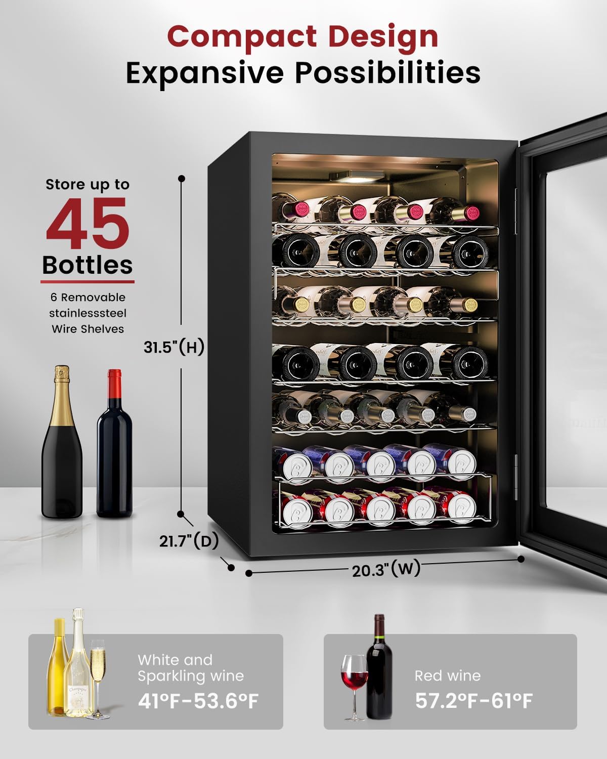 Wine Cooler Refrigerator - 45 Bottle Mini Wine Fridge with Glass Door for Beer Soda Water Drink, Small Wine Cellar Beverage Refrigerator for Bedroom Office Home Bar Dorm, 4.5 Cu.Ft (Black)