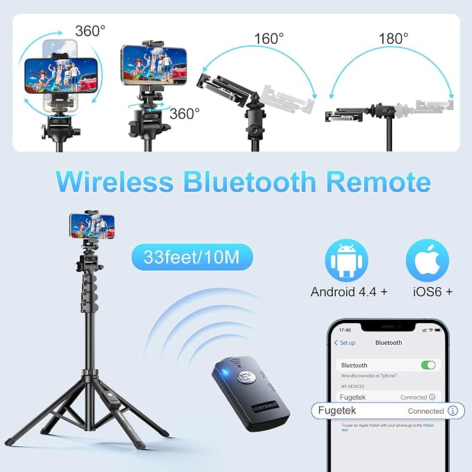 Fugetek 62" Professional Cell Phone Tripod, Ultra Stable 4 Leg Design, 100% All - Image 2