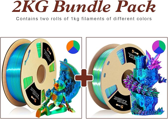 LOVOON Silk PLA 3D Printer Filament Bundle 2 KG, PLA Filament 1.75mm, Shiny - Image 2