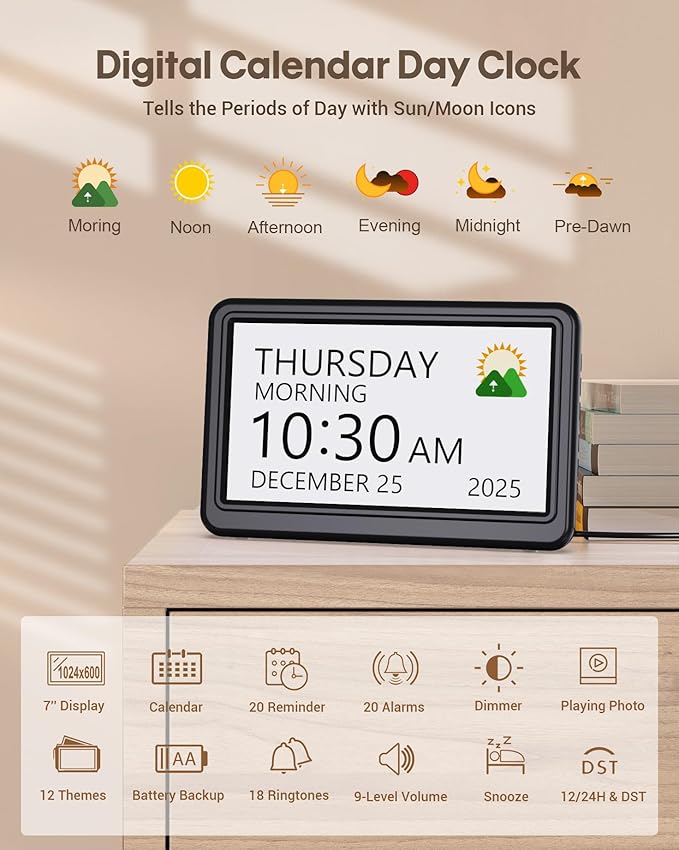Clock with Day and Date for Elderly, Dimmable Dementia Alzheimers Clocks for - Image 2