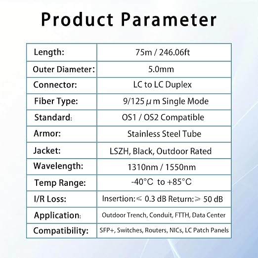 75M/246FT LC to LC Armored Outdoor Fiber Optic Cable, Single Mode Duplex - Image 6