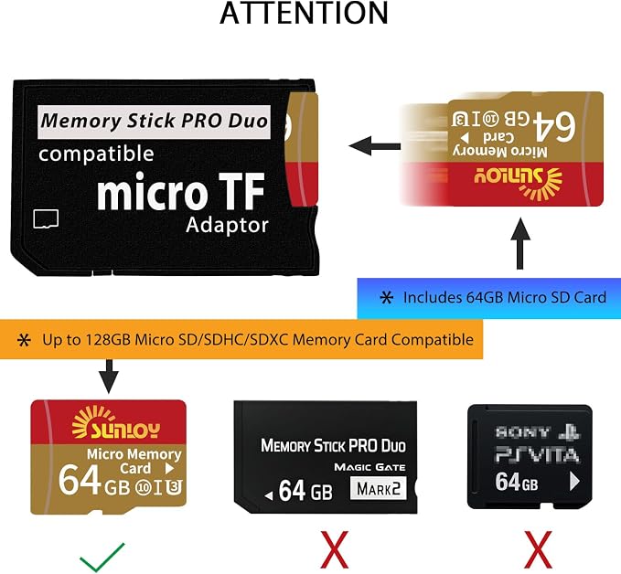 PSP Memory Stick Adapter with 64GB Micro SD Card, Micro SD/SDHC/SDXC to Memory - Image 7