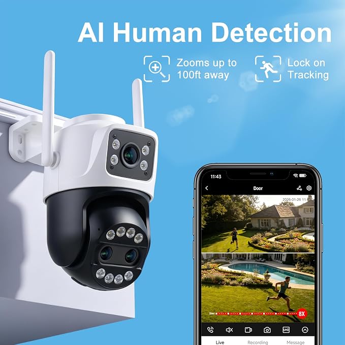 Outdoor Camera 3 Lens, 8X Hybrid Zoom WiFi Security Cameras Wired 24/7 Recording - Image 5