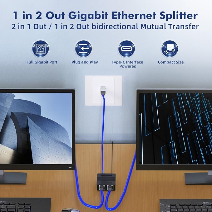 Binardat 1 to 2 Gigabit Network Splitter, 3 Port Gigabit Ethernet Switch - Image 2