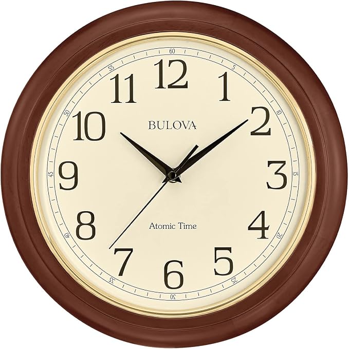 Bulova Atomic Time 2 Analog Wall Clock C5004 | 12.4" Wooden Frame, Sets Time by BulovaCorporation