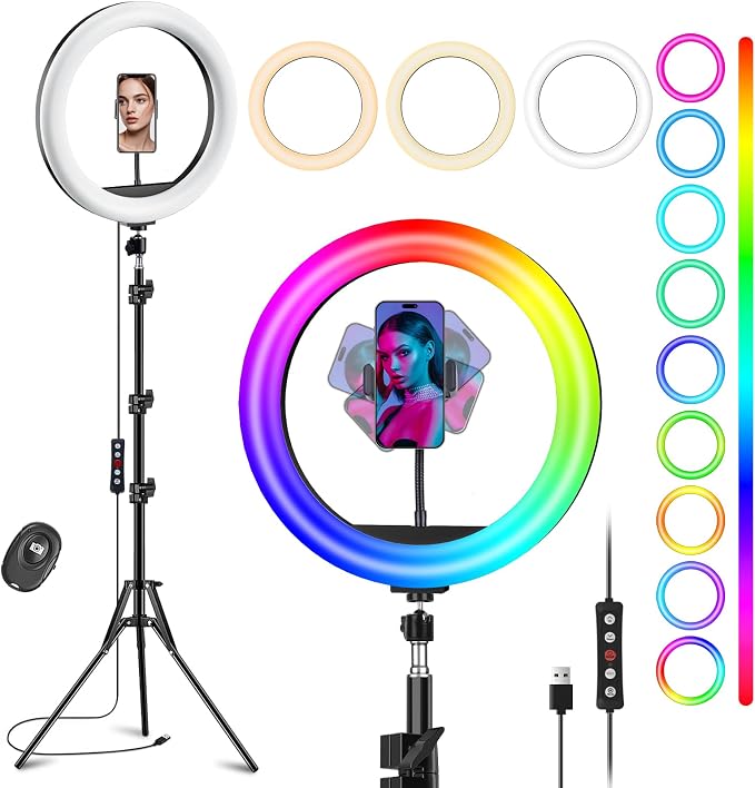 12'' Ring Light with Stand 75'' Tall & Phone Holder, 100+ Color Modes Selfie by Vlogging