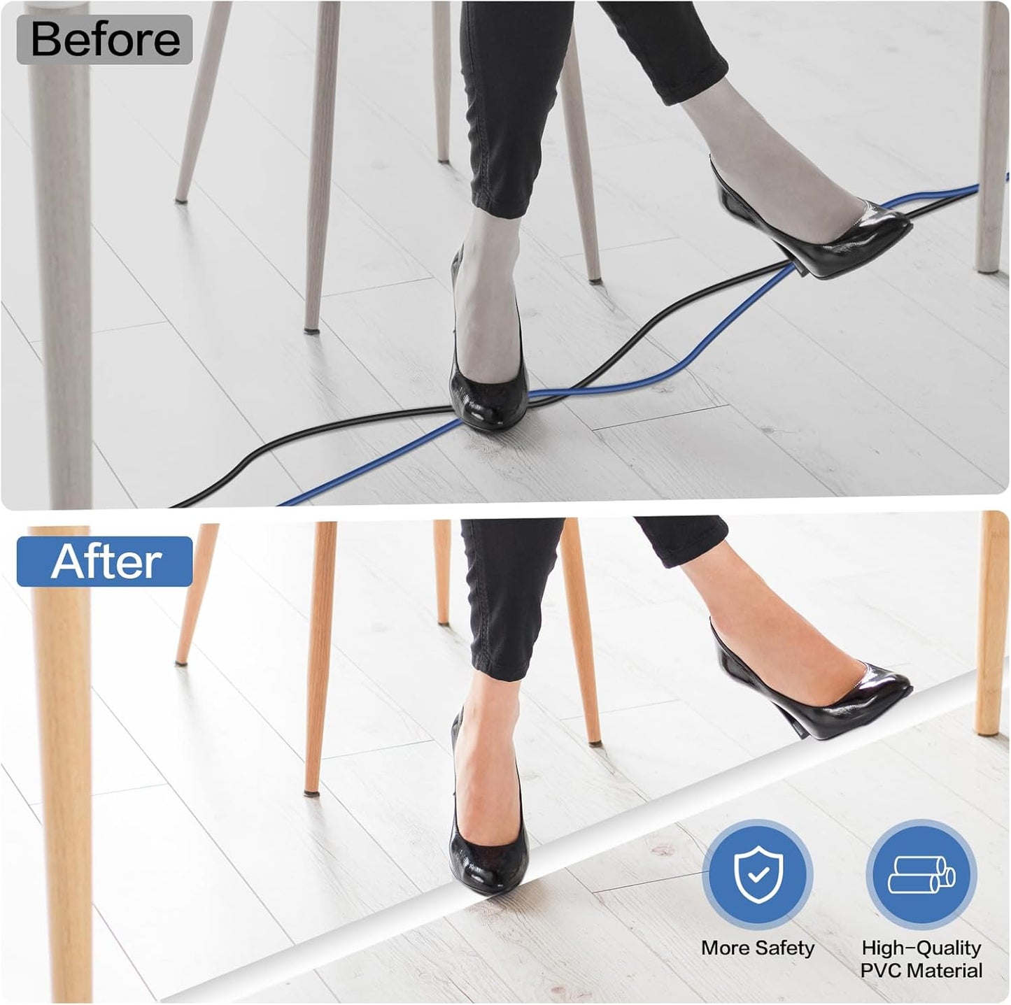 Floor Cord Cover Self Adhesive Cord Hider Floor Extension Cord Covers for Floor Power Cord Protector Cable Management Prevent Cable Trips Cable Cavity 0.51" W x 0.31" H (White, 20Ft)