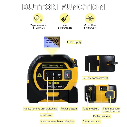 3 in 1 Digital Laser Tape Measure | Laser Level Crosshairs | 130ft/40m Laser - Image 3