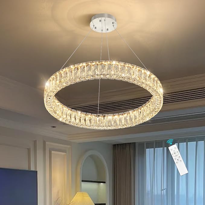 HAIXIANG Modern Crystal Chandelier Dimmable LED Ring Pendant Lights Adjustable - Image 6