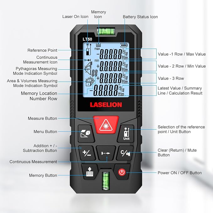 LT50 Laser Measure, 165ft/50m Laser Measurement Tool, - Image 8