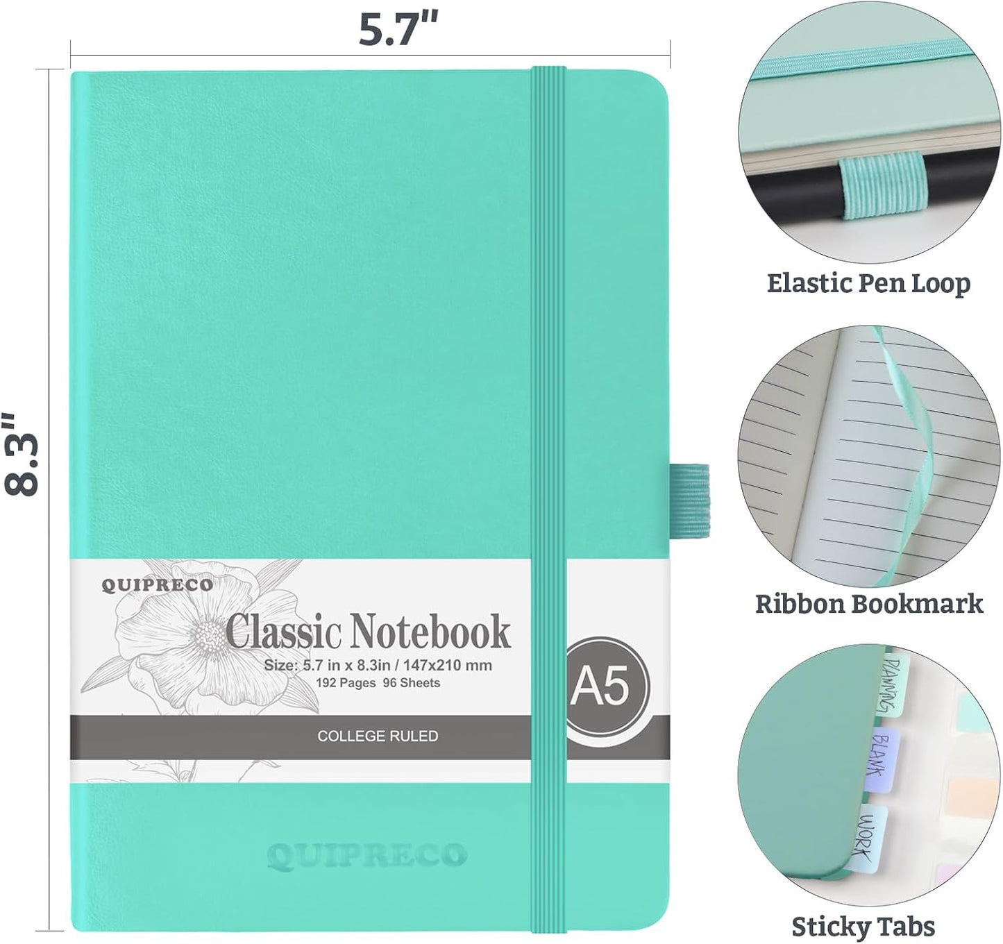 Hardcover Lined Bullet Dotted Journal Notebook, A5 140 192 Pages 100 120Gsm Paper College ruled for School,Work,Travel,and Daily Planning，5.7''*8.3'' (6, Light Green, A5 Lined)