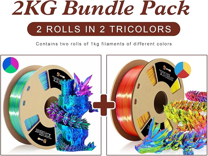 LOVOON 3D Printing Filament Bundle 2 KG, Tricolor PLA Filament 1.75mm Silk - Image 4