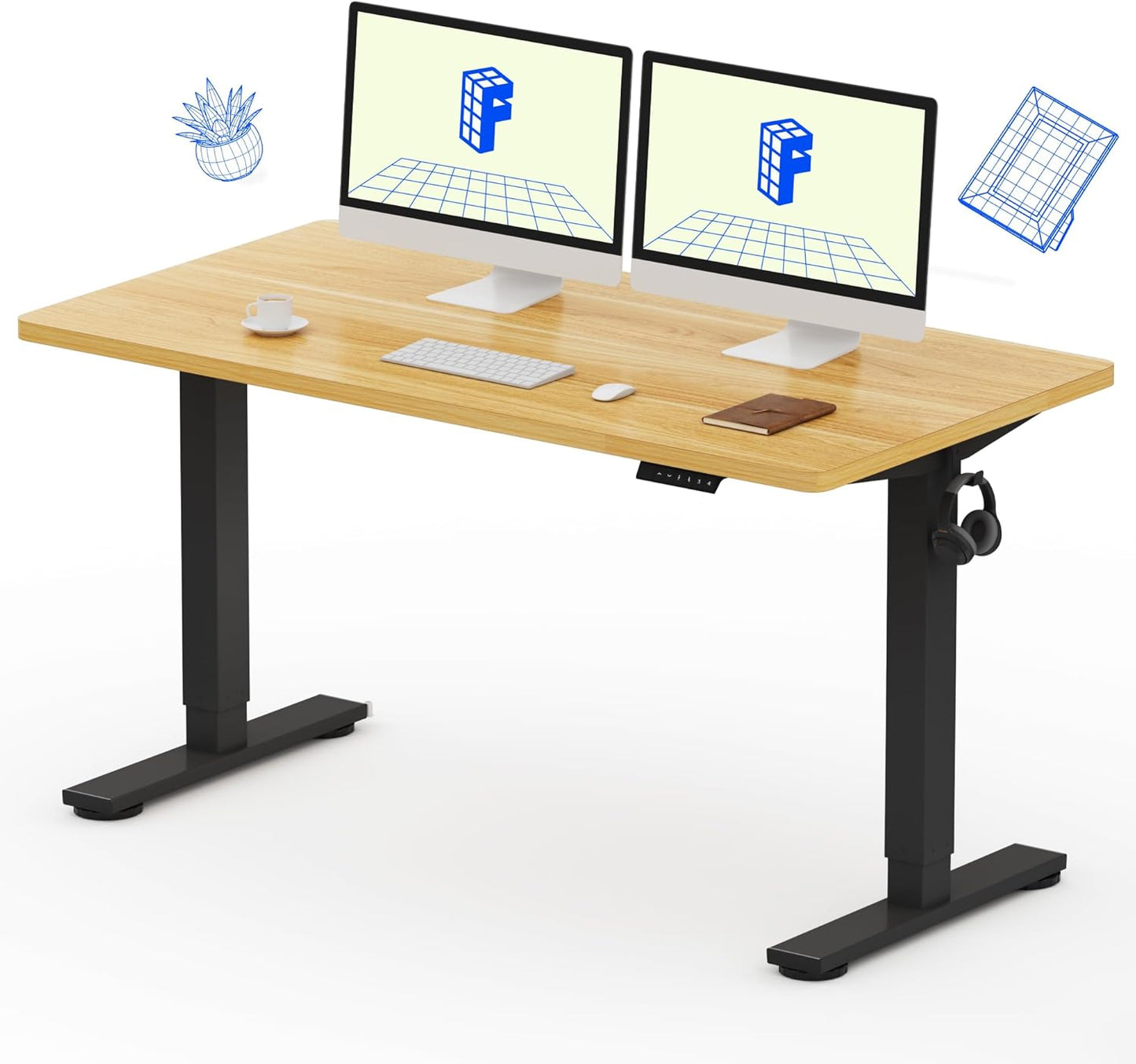 FLEXISPOT EN1 Whole-Piece Standing Desk 55x28 Electric Height Adjustable Desk for Home Office and Computer Workstation (Black Frame + 55" Maple Top, 2 Packages)