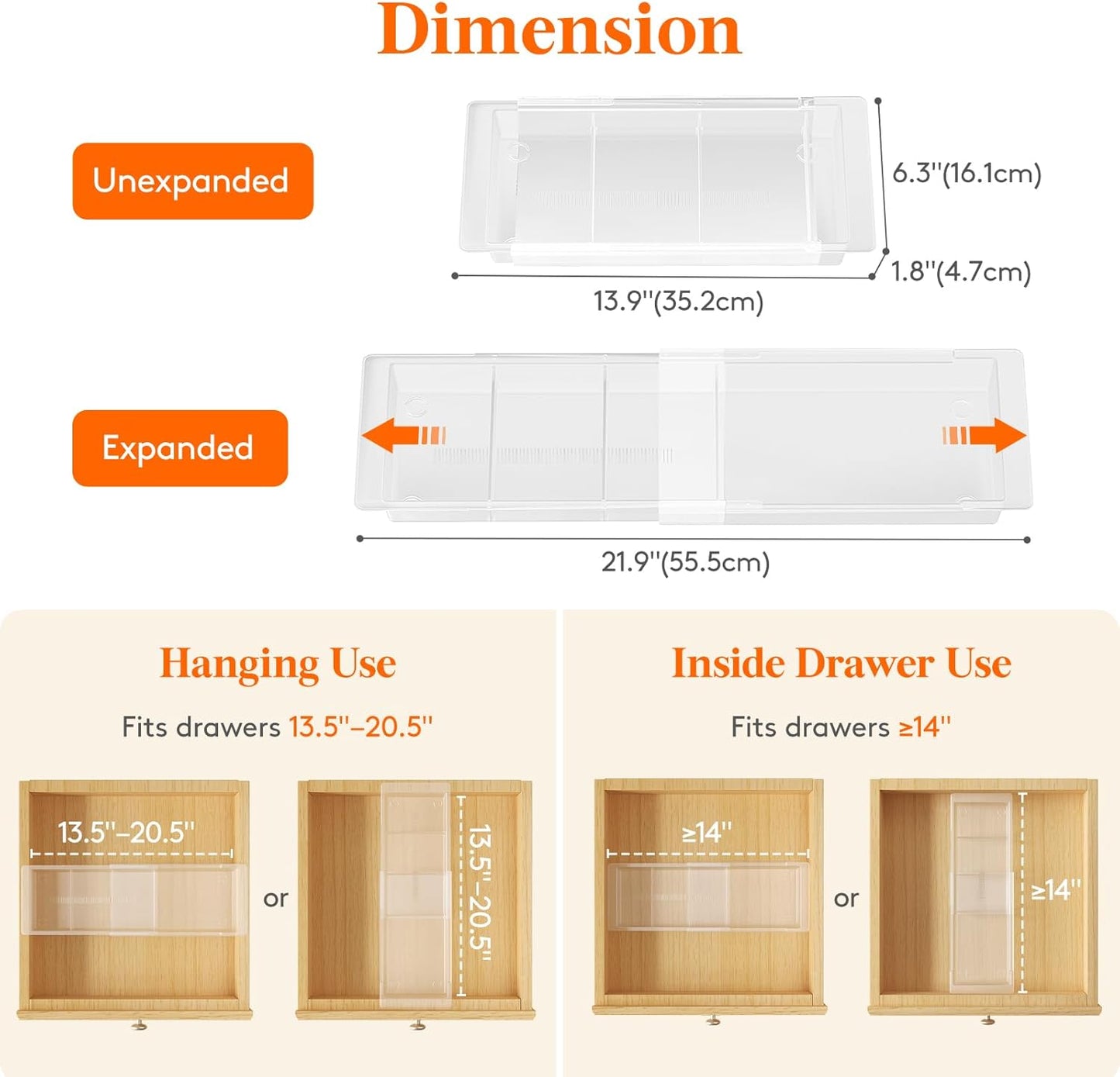 Lifewit 2 Pack Sliding Makeup Drawer Organizer Trays with Inserts, Extendable Hanging Desk Drawer Divider, Fits 13-20" Deep Drawers, 1.8" High Plastic Organizer Tray for Vanity, Office, Kitchen, White