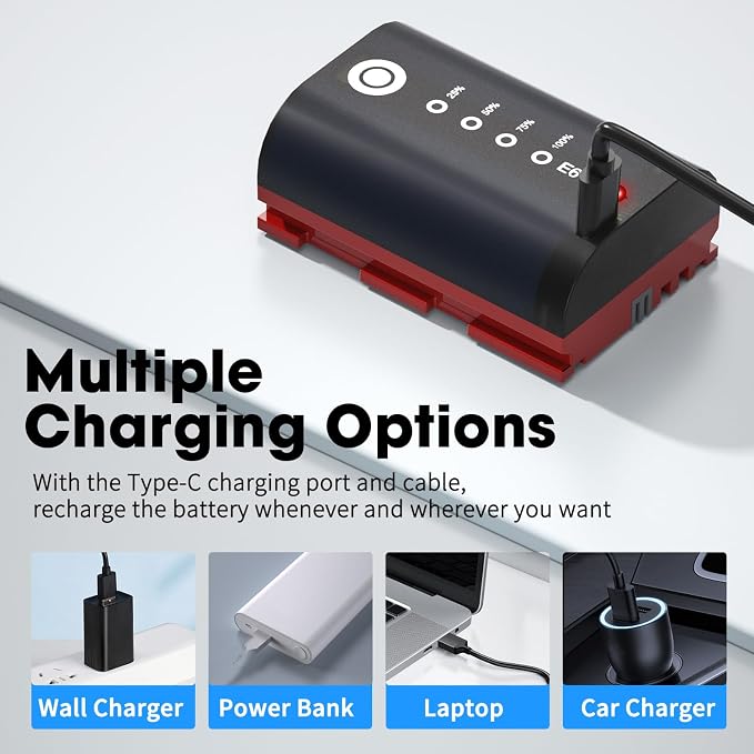 LP LP-E6, LP-E6N Battery 2-Pack 2600mAh USB-C Charging, LED Display Replacement - Image 7