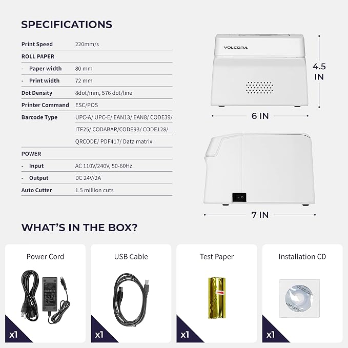 Volcora Thermal Receipt Printer, 80mm POS Printer w/Auto Cutter, USB/Bluetooth - Image 6