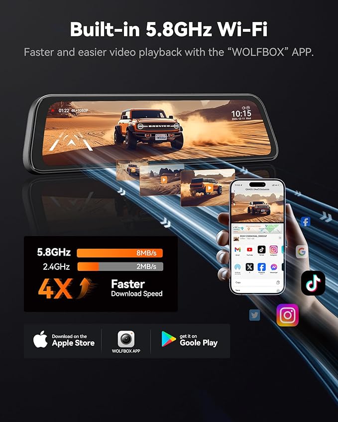 WOLFBOX G840S 12" 4K Mirror Dash Cam Backup Camera, 5.8GHz WiFi Smart Rearview - Image 4