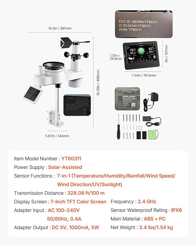 VEVOR 7-in-1 Wi-Fi Weather Station, 7-Inch TFT Display, Wireless Solar Powered - Image 8