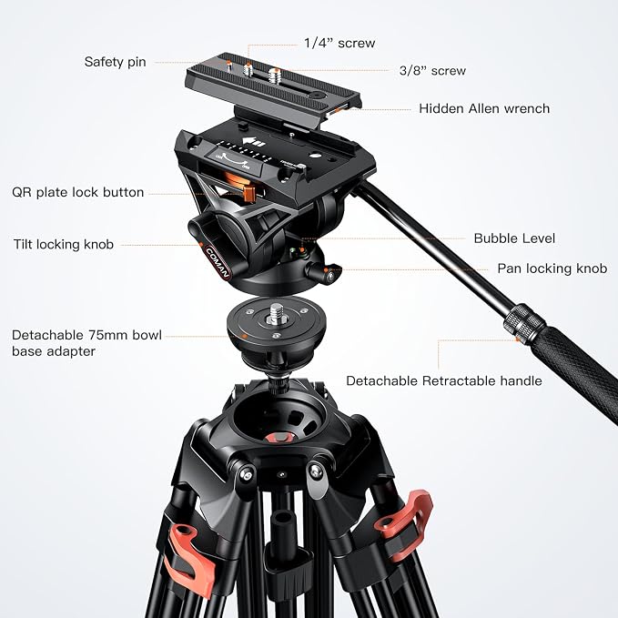 COMAN 74" Camera Tripod, Heavy Duty Video Tripod - Image 6