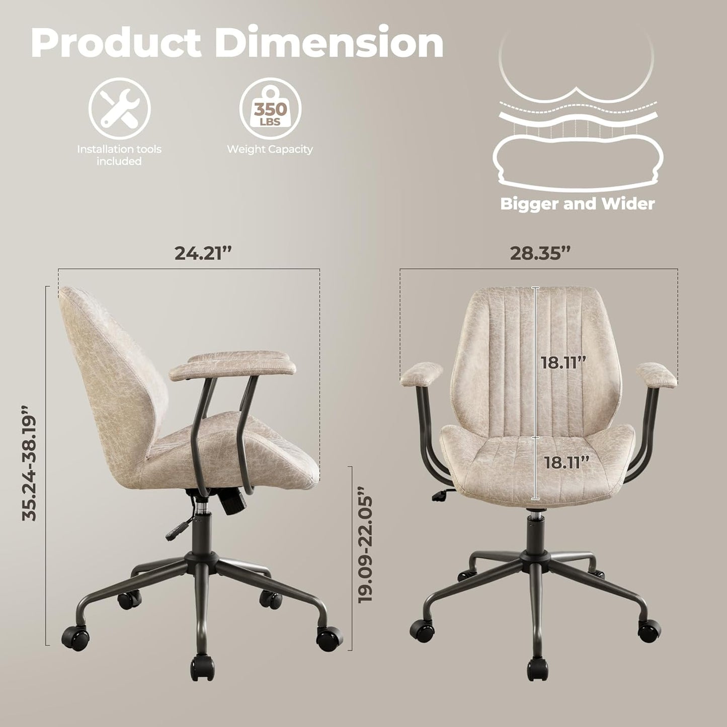 ovios Ergonomic Home Office Chair, Mid-Century Modern Faux Leather Chairs with Padded Armrests, Comfy Mid Back Swivel Rolling Executive Computer Armchair (Beige, Suede Leather)