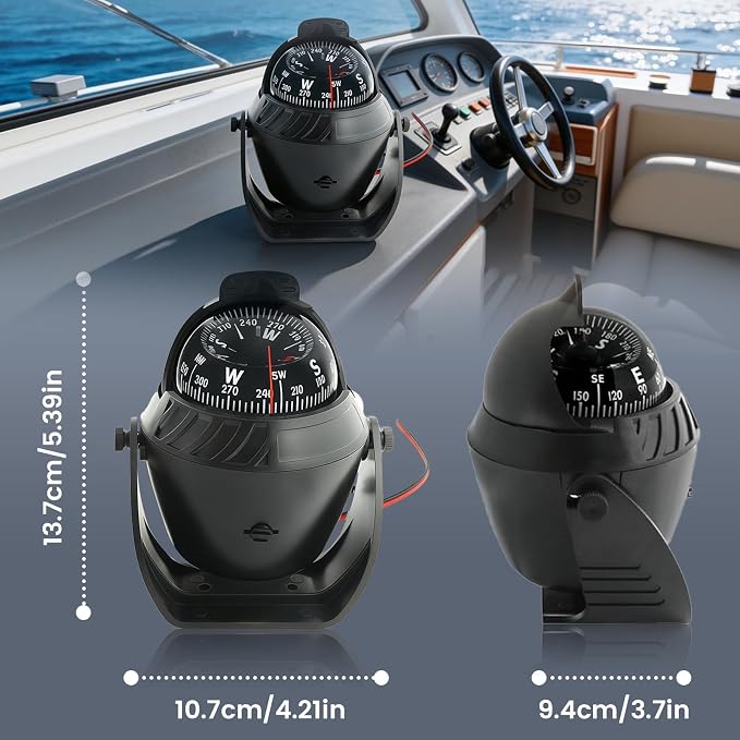 Boat Compass with Magnetic Declination Adjustment, Pivoting Marine Compass - Image 2